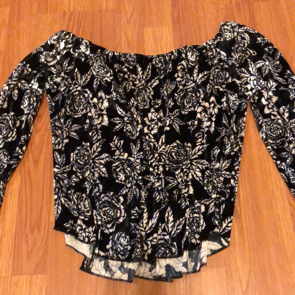 velvet black and white off the shoulder blouse